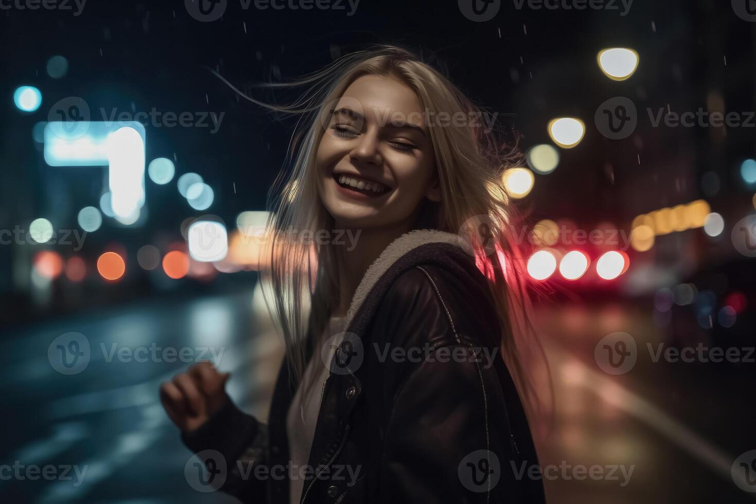 A happy woman runs around dancing at night in a modern city created with technology. photo