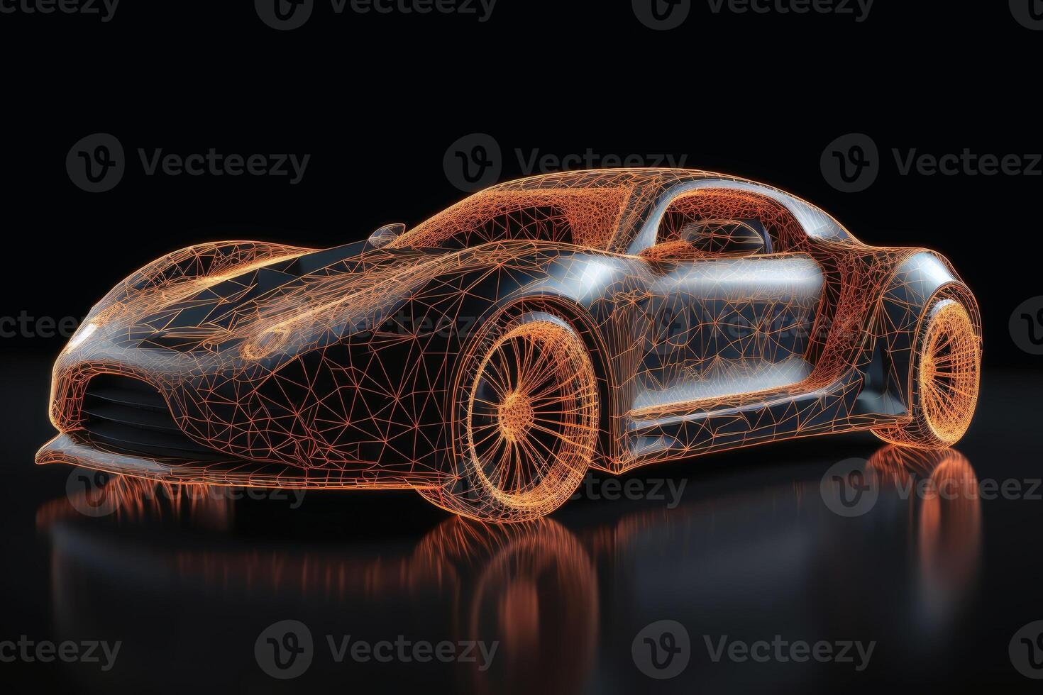 A sports car that transitions into a wireframe model created with technology. photo