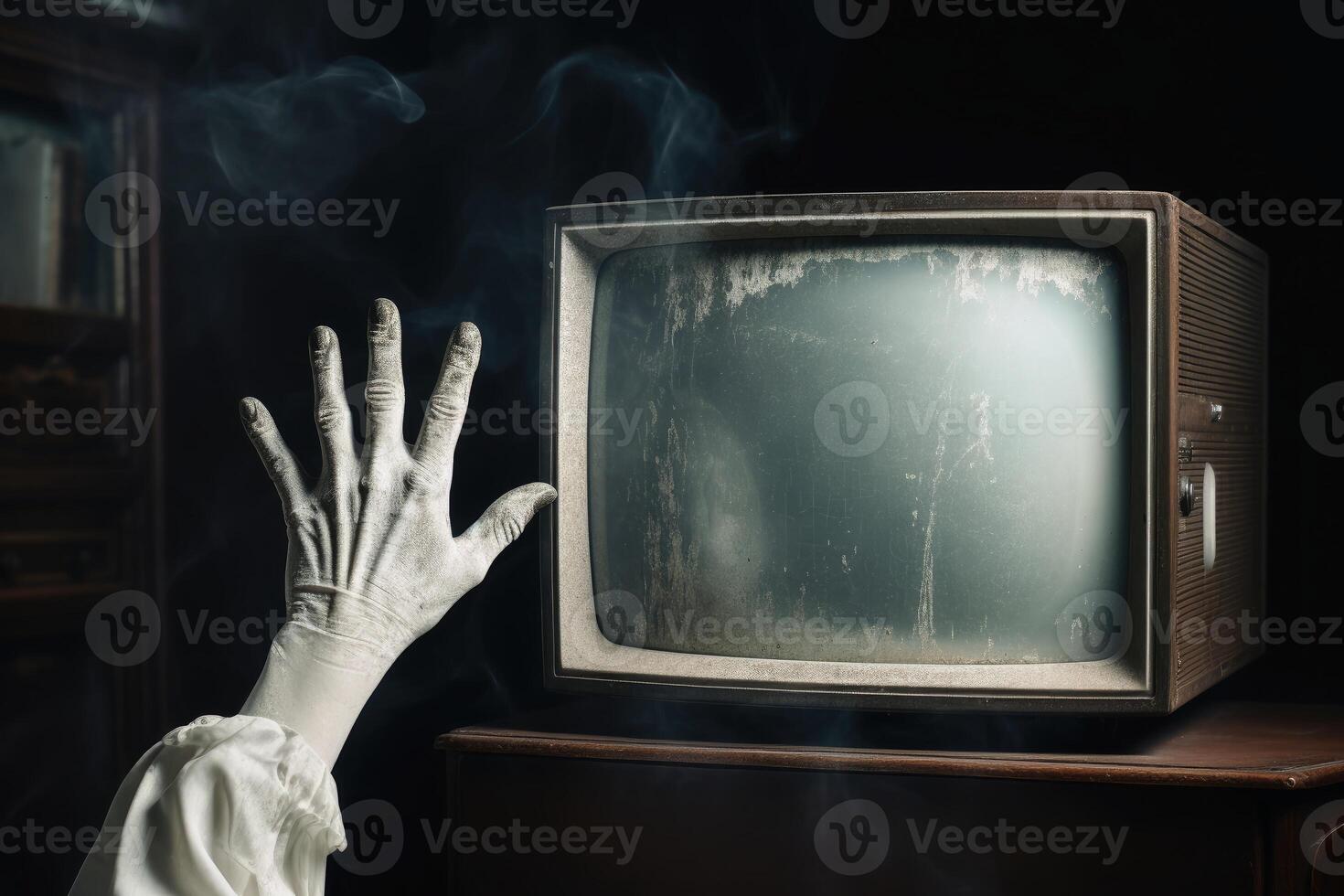 A hand reaching out at an old television created with technology. photo