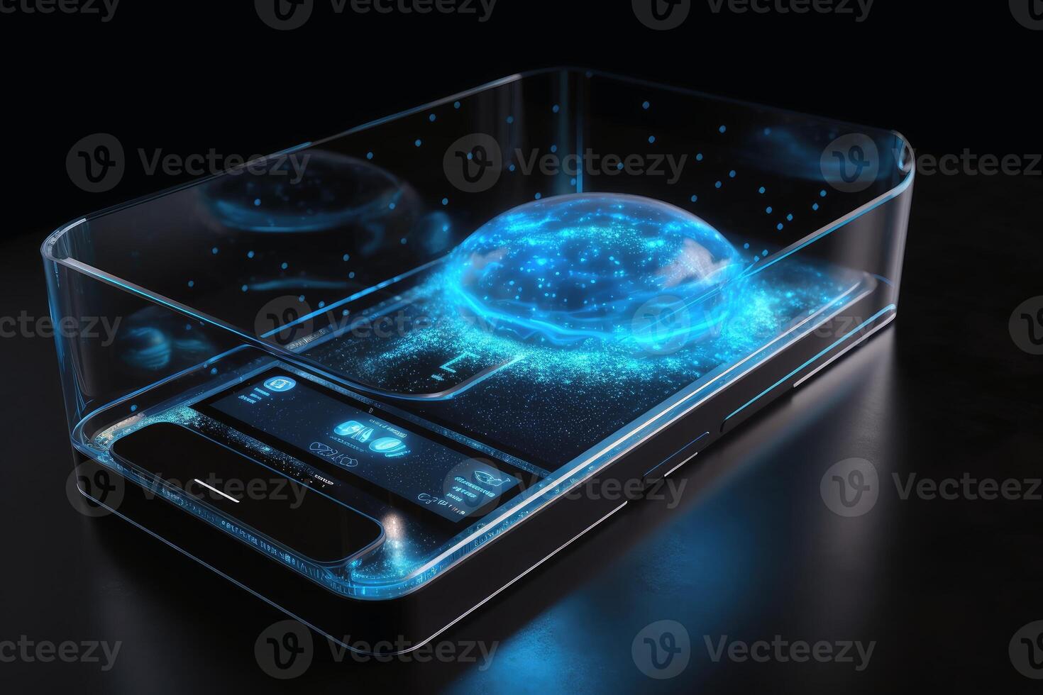 Smartphone with a holographic display created with technology. photo