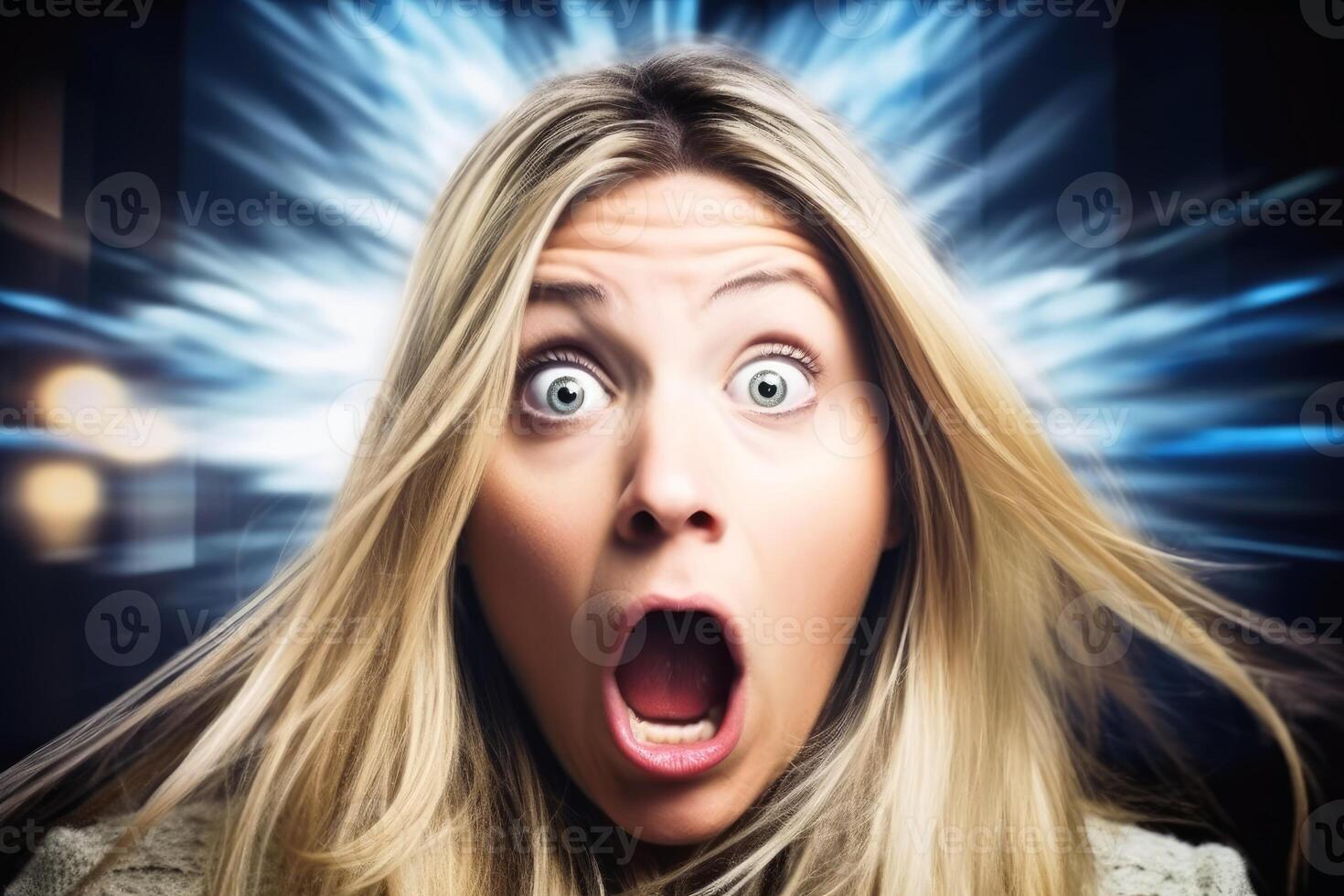 Portrait of a surprised woman in bright light created with technology. photo