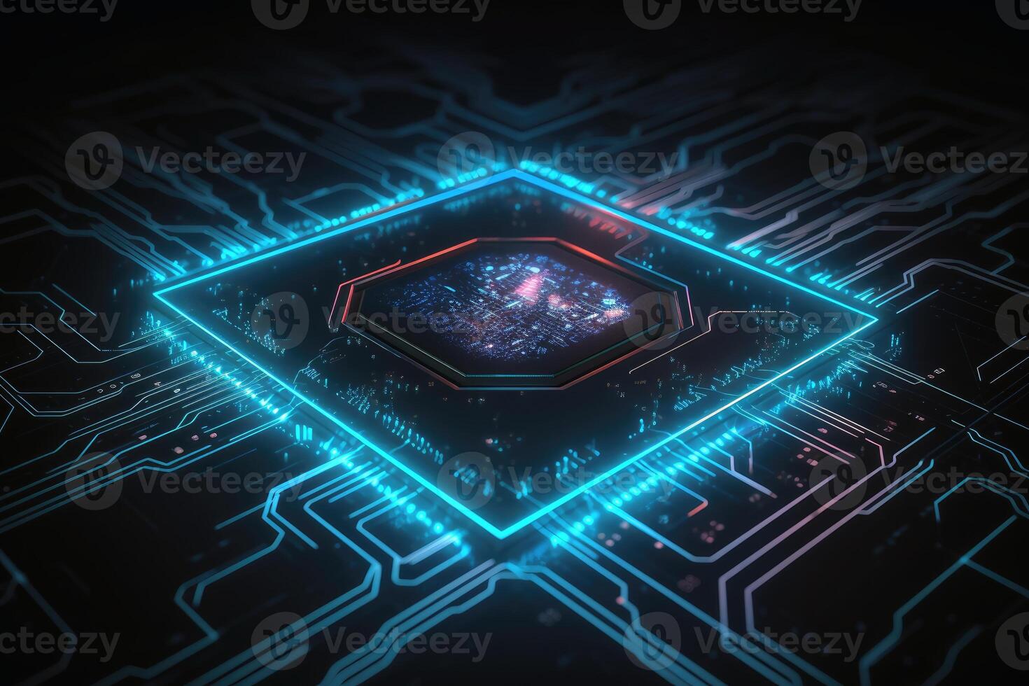 Glowing chip circuit on a dark background created with technology. photo
