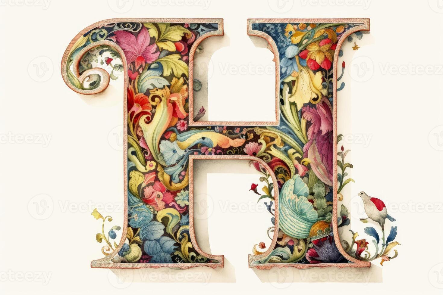 A very colourful and ornate letter H on a white background created with technology. photo