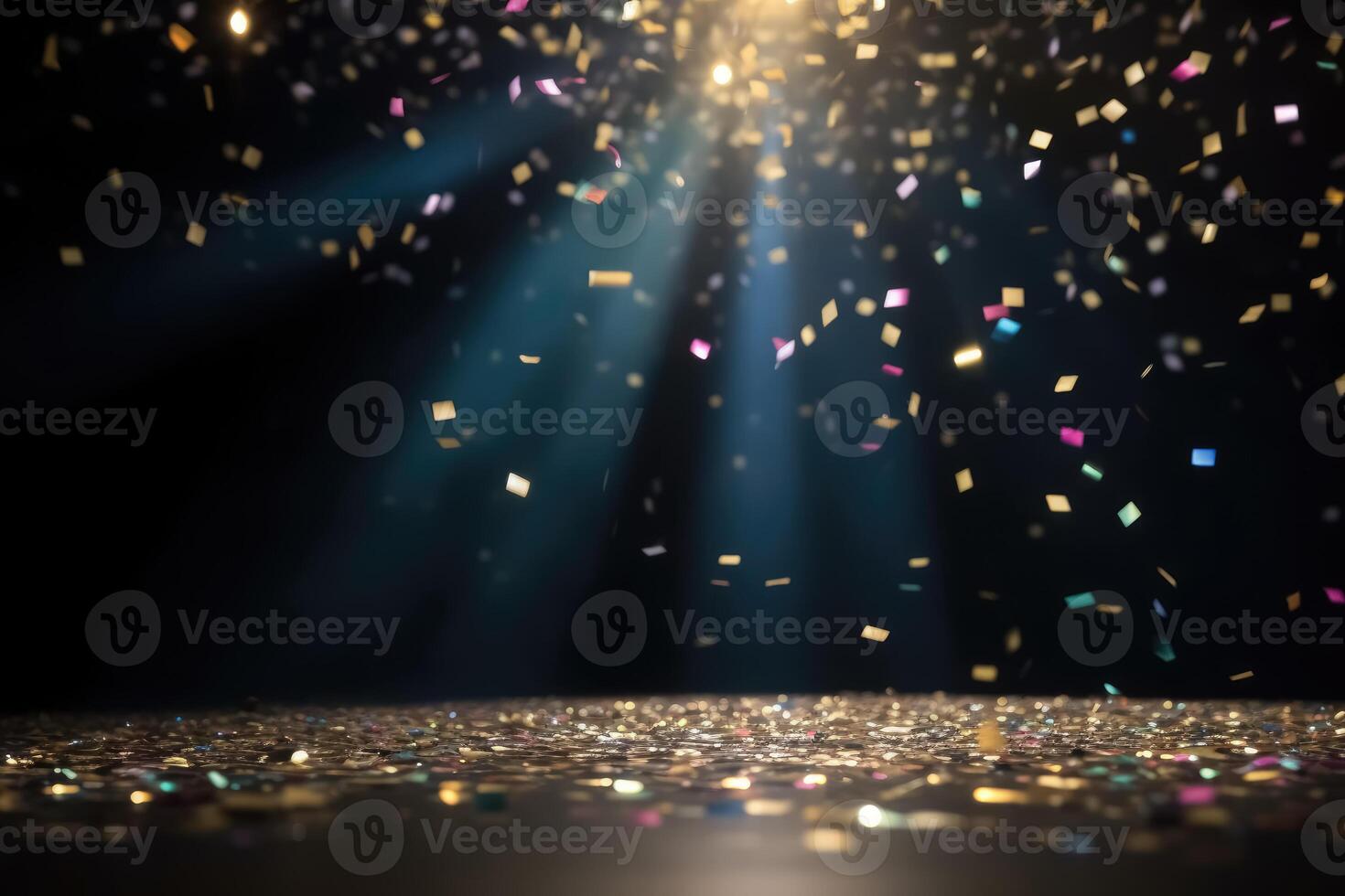 Glittering confetti falling down on a stage with lightbeams background created with technology. photo