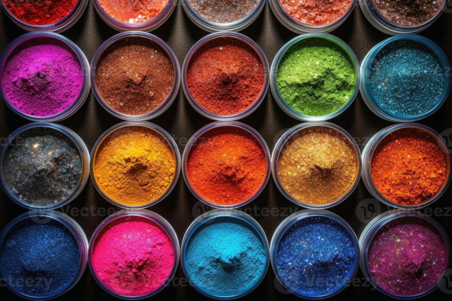 Colorful glitter powder in little glass bowls created with technology. photo