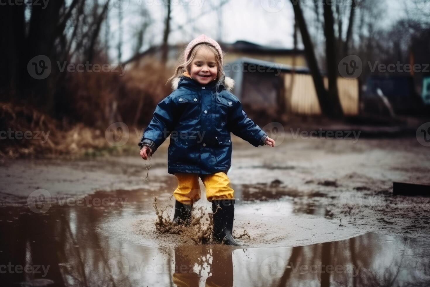 contento pequeño niña saltos en un charco con caucho botas creado con generativo ai tecnología. foto