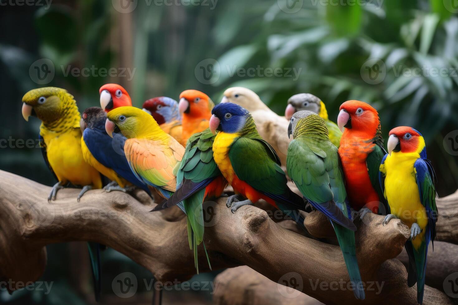 Many colourful different tropical birds sitting together on a branch created with technology. photo