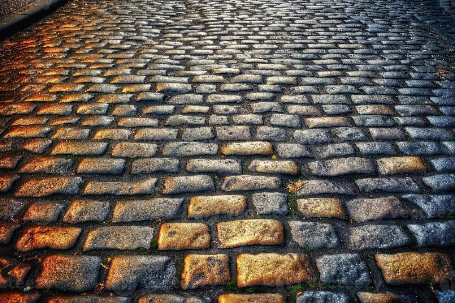 Old historical cobblestone road background texture created with technology. photo