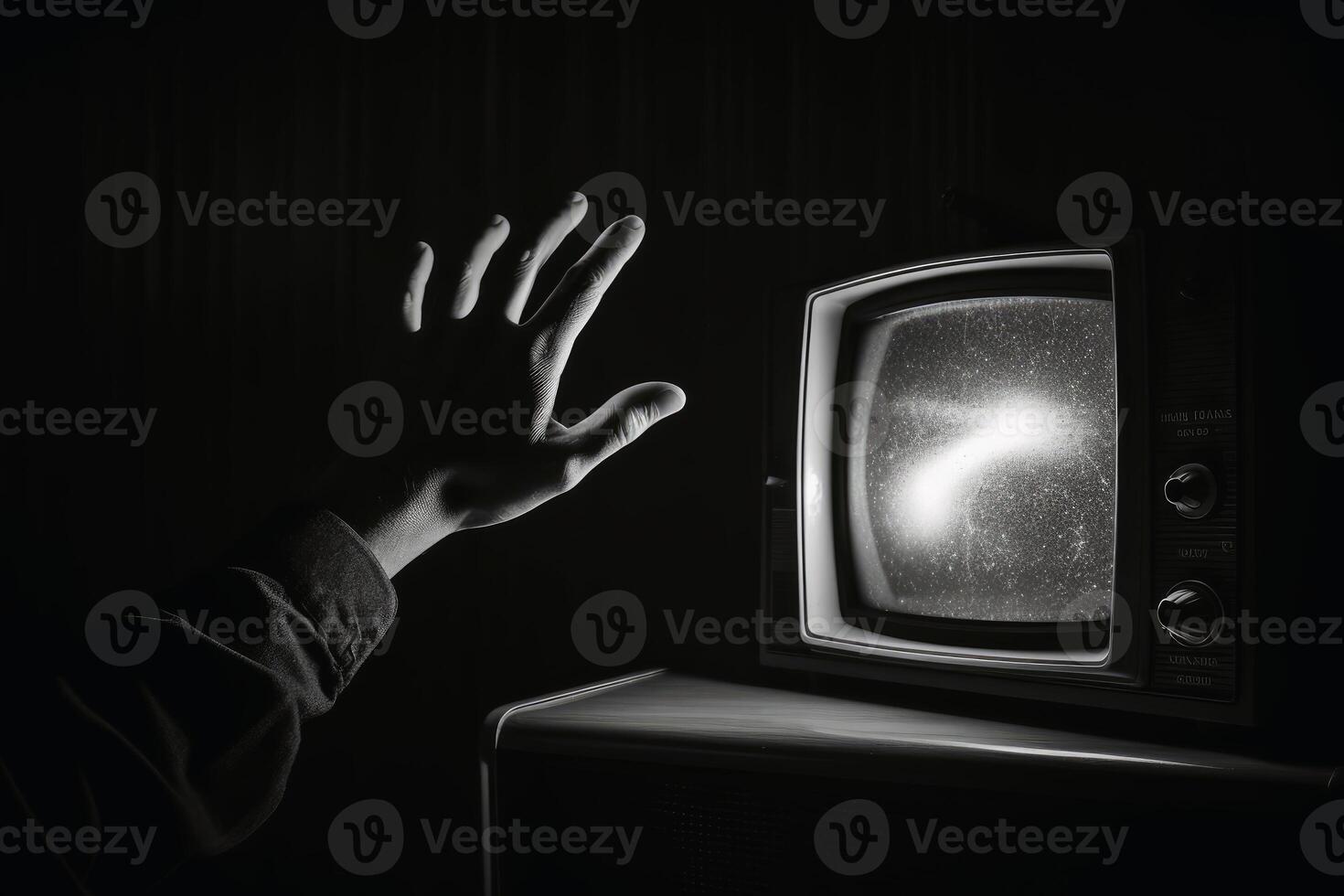 A hand reaching out at an old television created with technology. photo