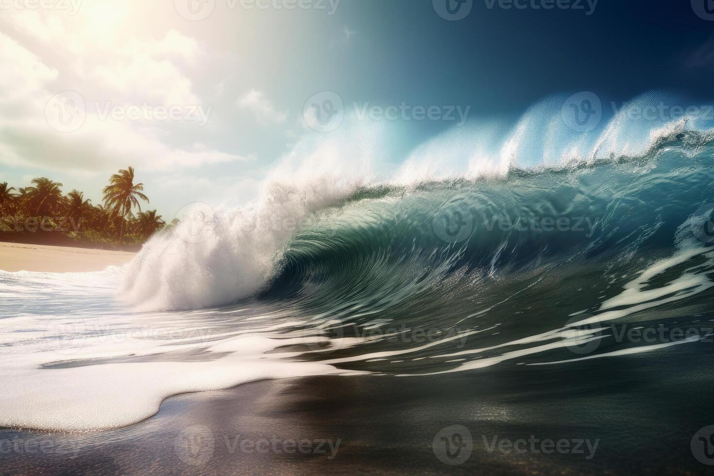 A giant tsunami wave arriving at a tropical beach created with technology. photo