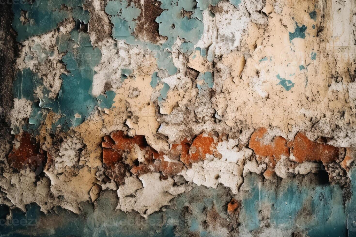 A very old vintage wall background with paint peeling created with technology. photo