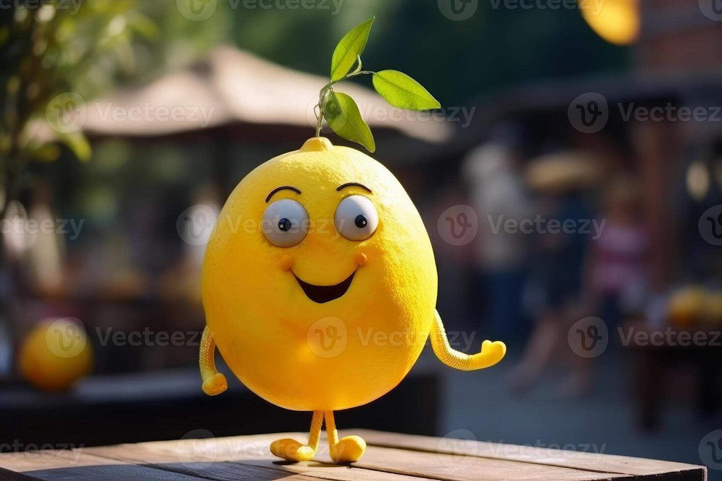 A happy lemon with eyes arms and legs standing in the sun created with technology. photo