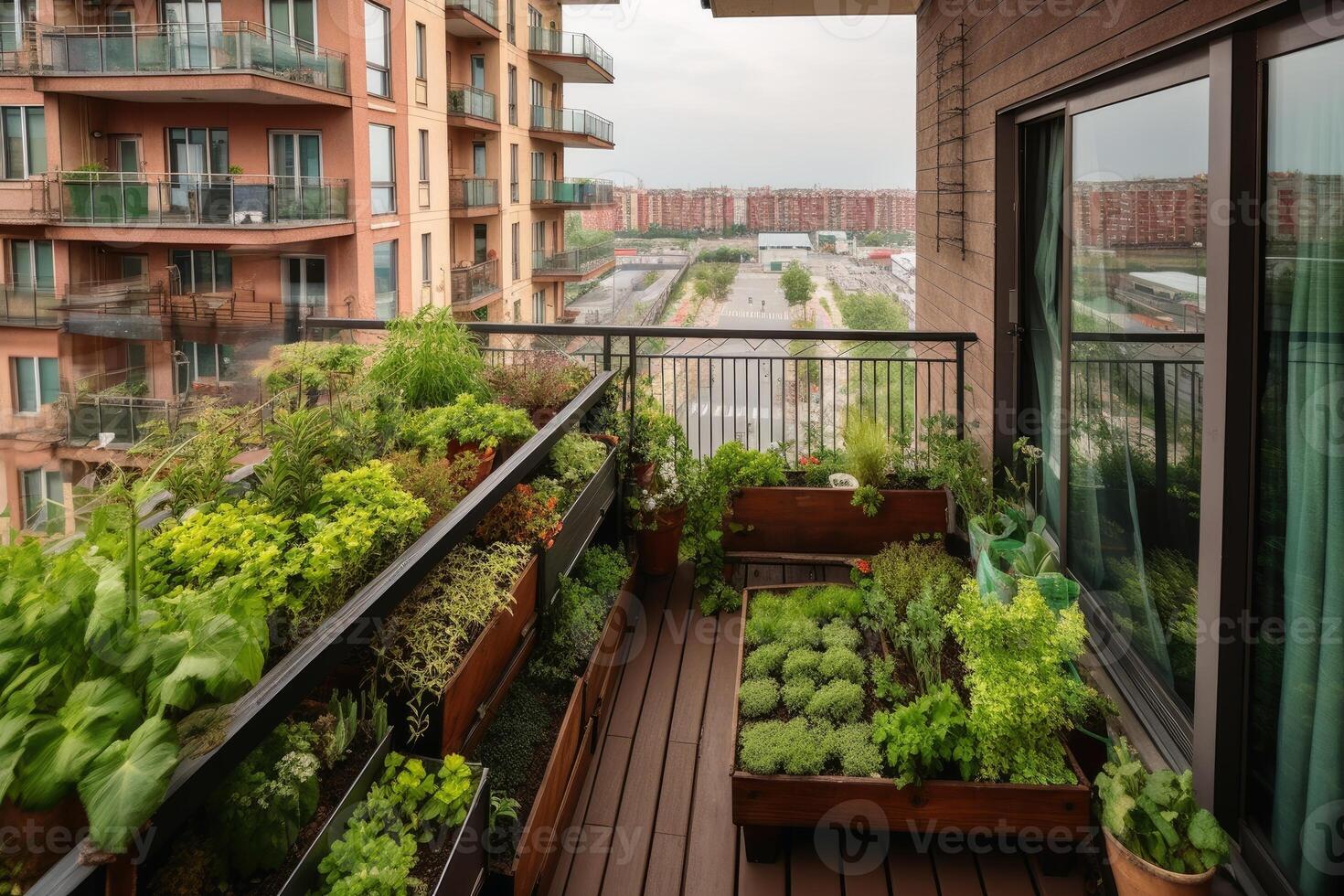 A small vegetable garden on a balcony in a big city created with technology. photo
