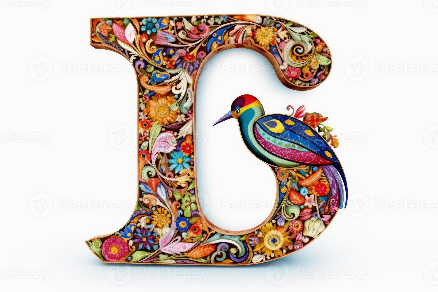 A very colourful and ornate letter L on a white background created with technology. photo