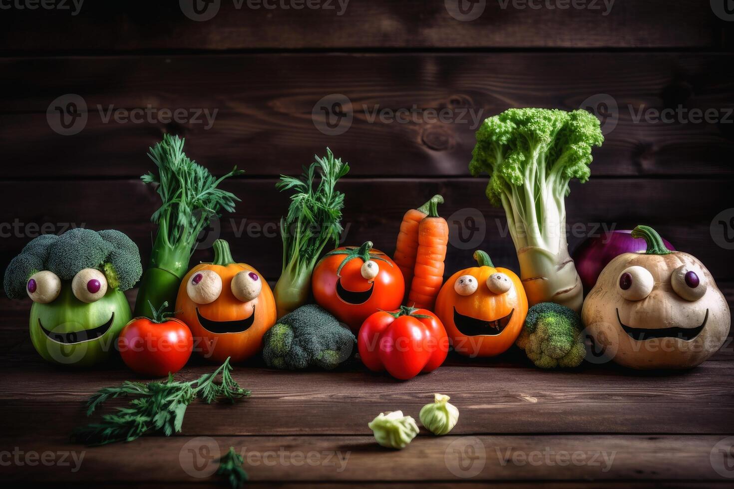 Different happy vegetables with eyes on a wooden background created with technology. photo