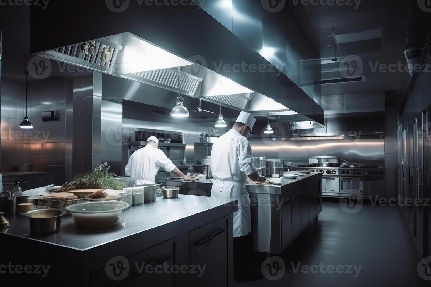 Professional chefs cooking in a modern kitchen created with generative AI technology. photo