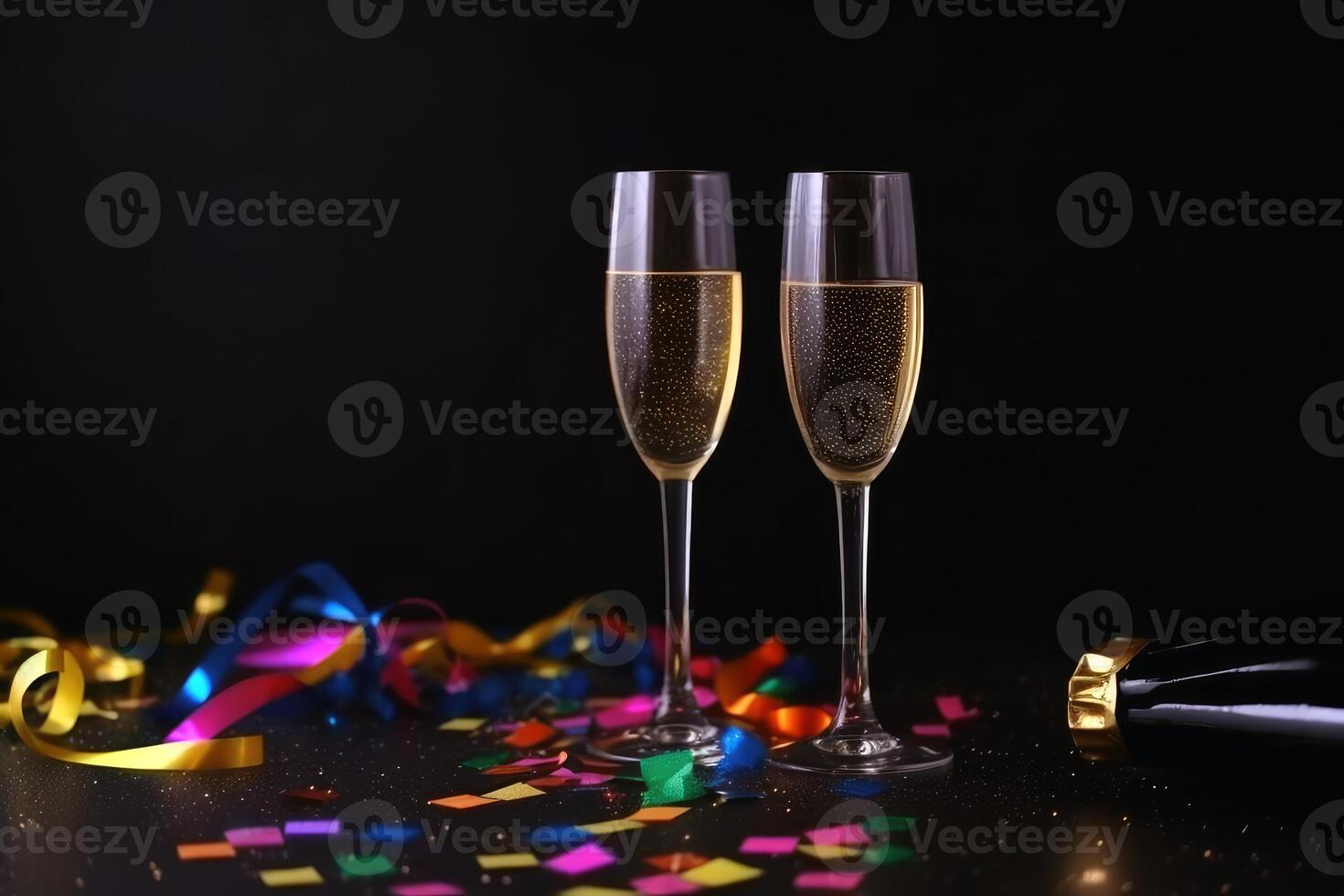 Champagne glasses and colourful streamers and glitter confetti on a happy new year background created with technology. photo