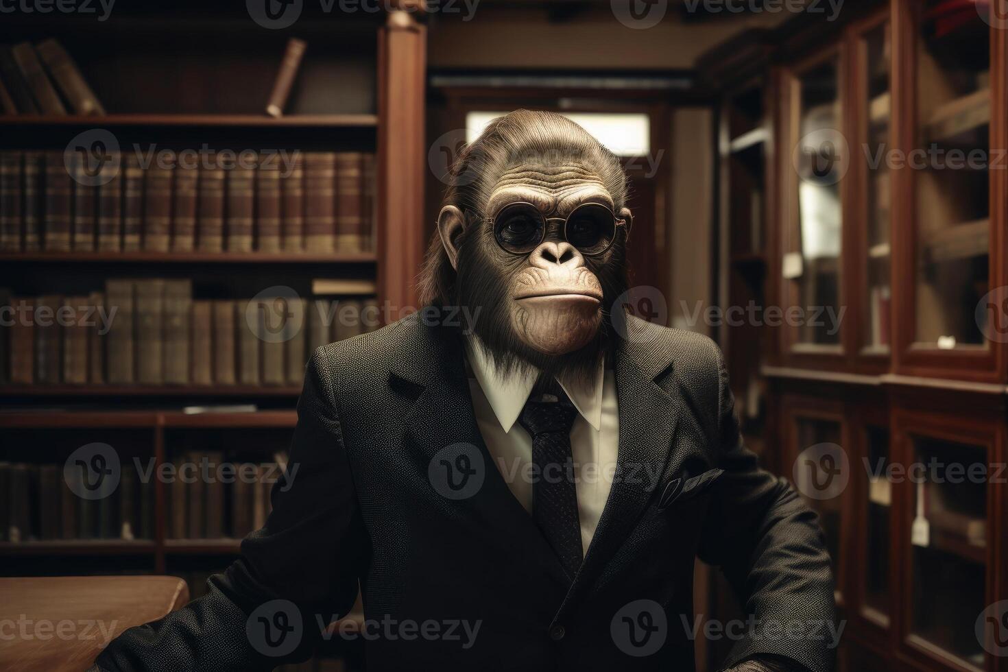 Ape with a suit in a library photo
