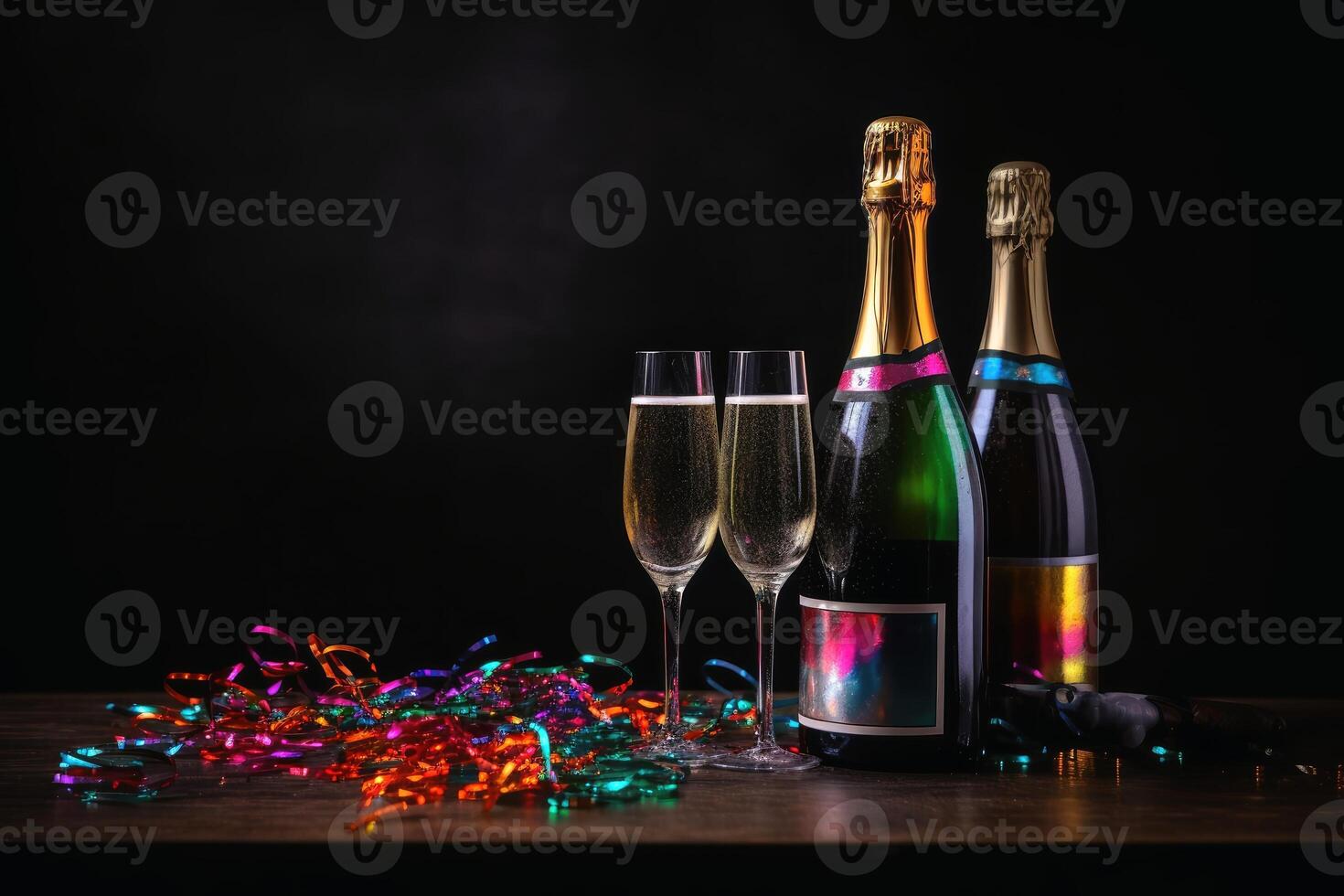 Champagne glasses and colourful streamers and glitter confetti on a happy new year background created with technology. photo