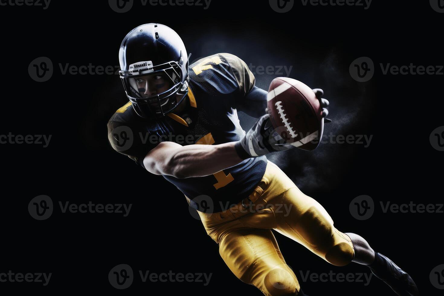 American football in flight being catched by a player created with technology. photo