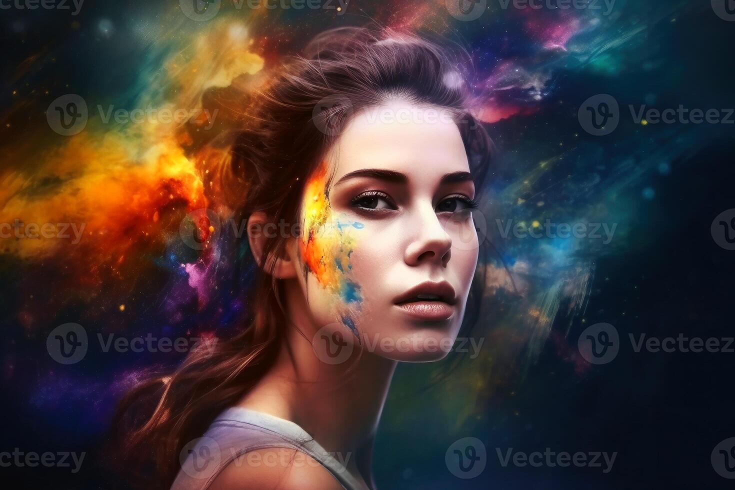 Portrait of a beautiful woman with colorful splashes created with technology. photo