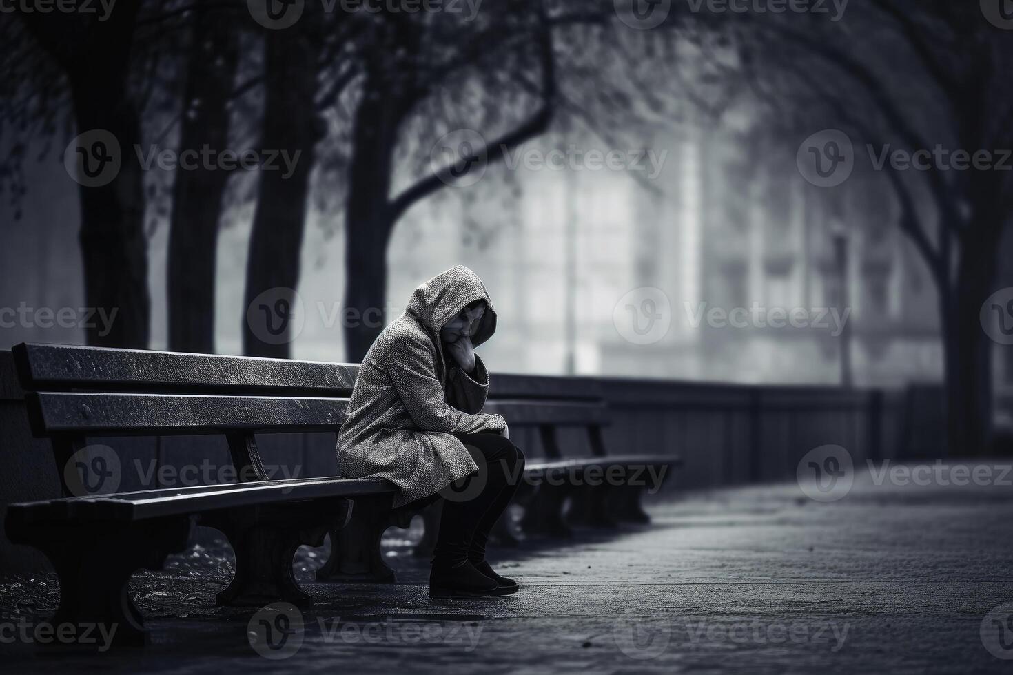 A lonely and sad person sitting on a bench created with technology. photo