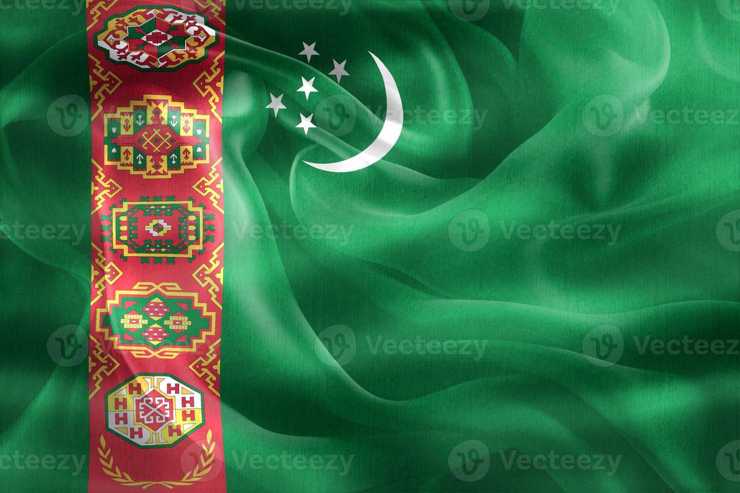 Ilustración 3d de una bandera de turkmenistán - bandera de tela ondeante realista foto