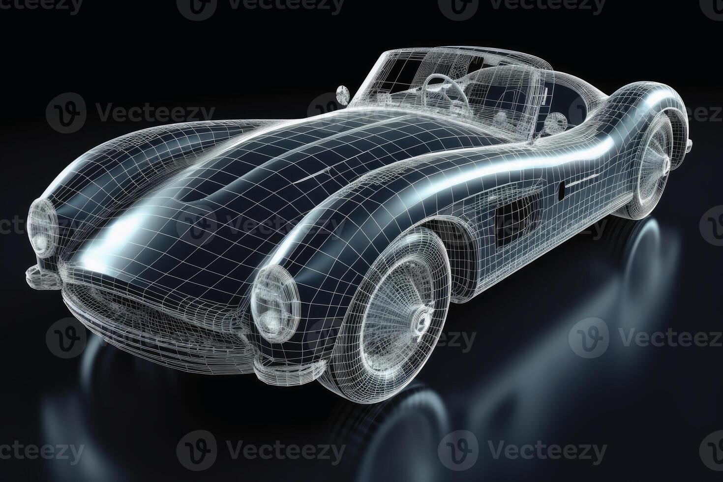 A sports car that transitions into a wireframe model created with technology. photo