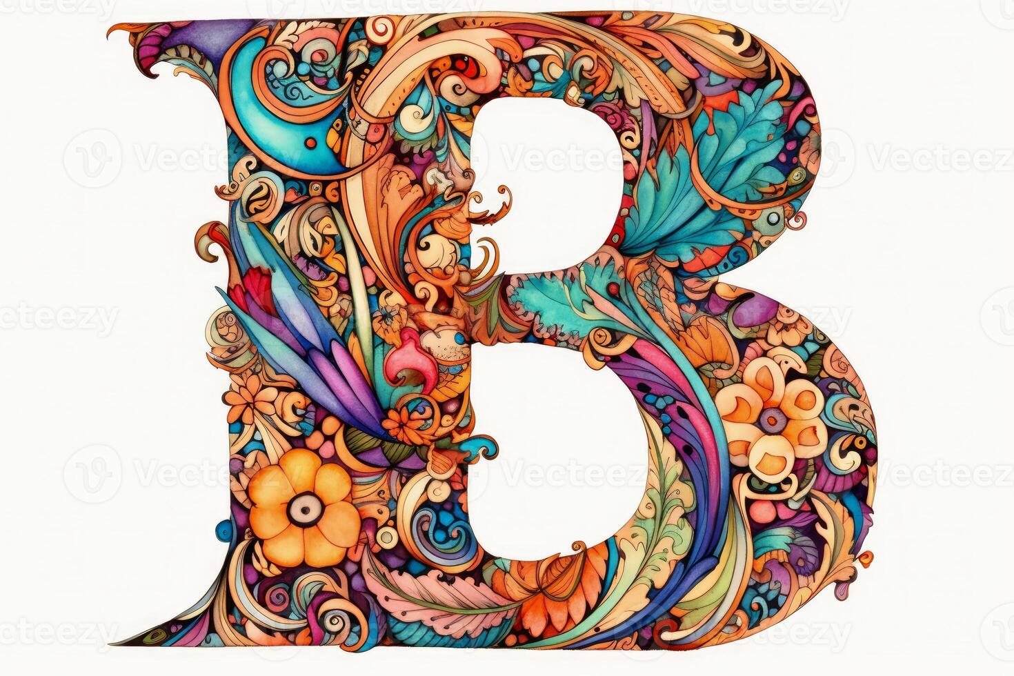 A very colourful and ornate letter B on a white background created with technology. photo