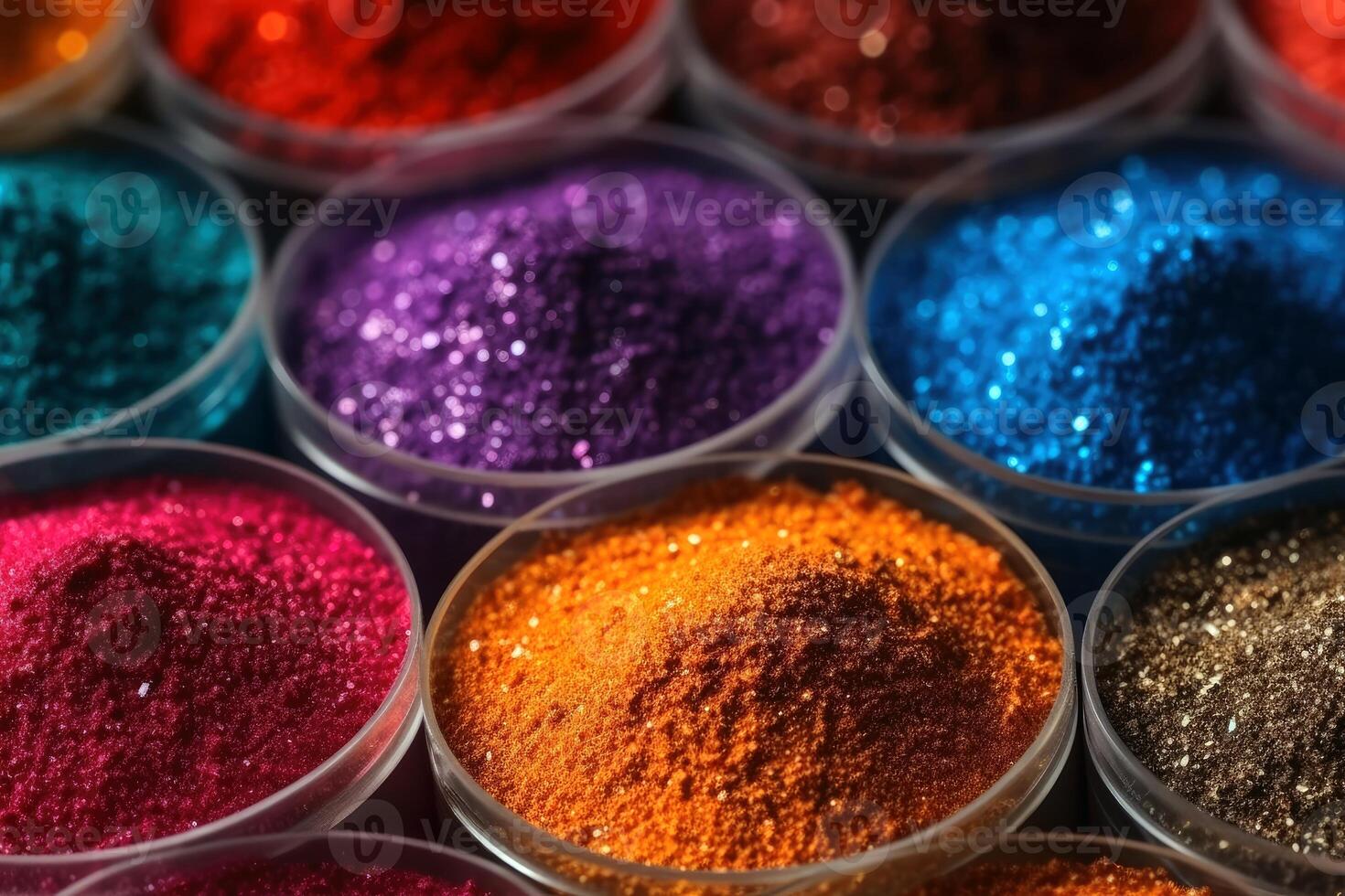 Colorful glitter powder in little glass bowls created with technology. photo