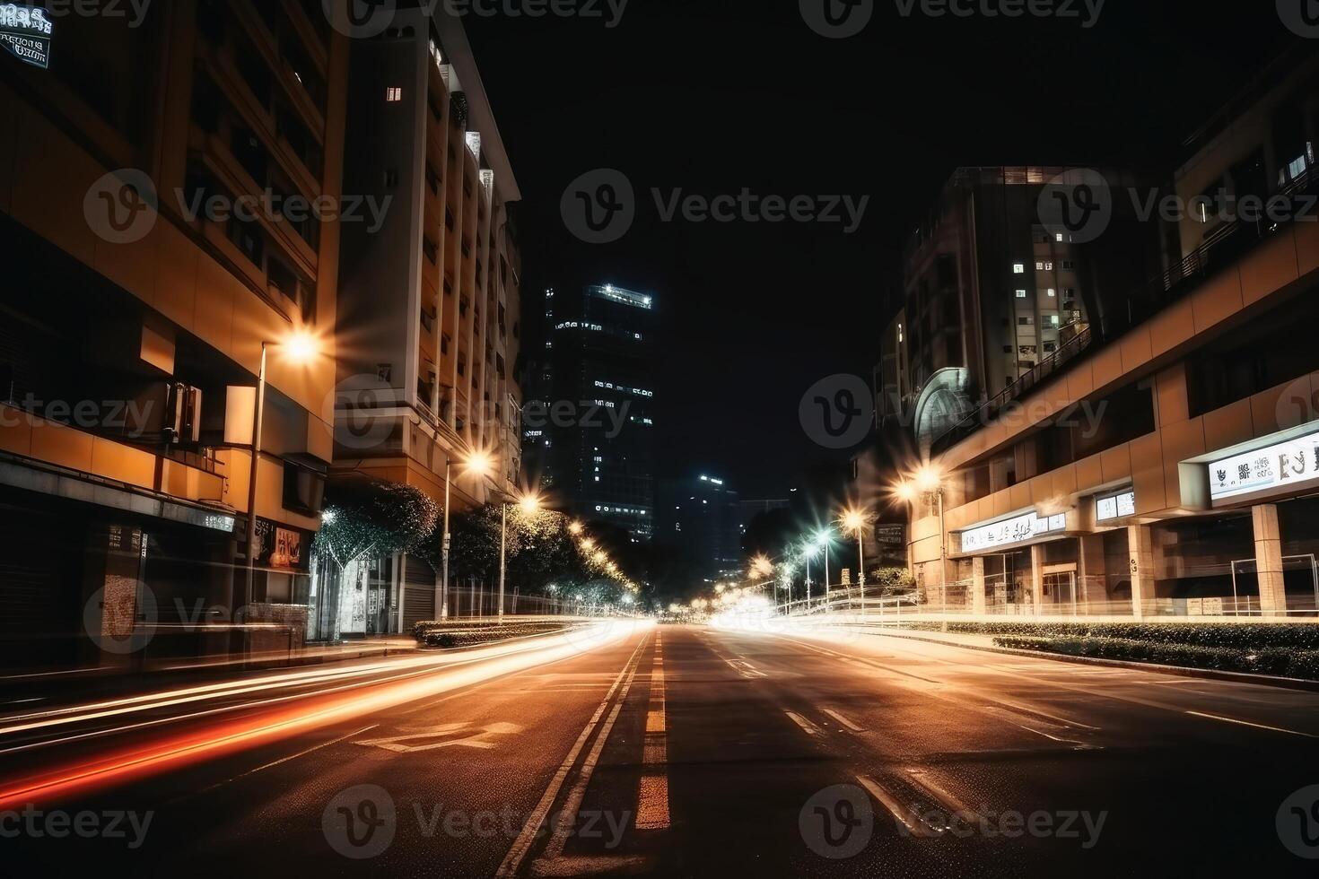 Low angle street view at night with long light trails long exposure created with technology. photo