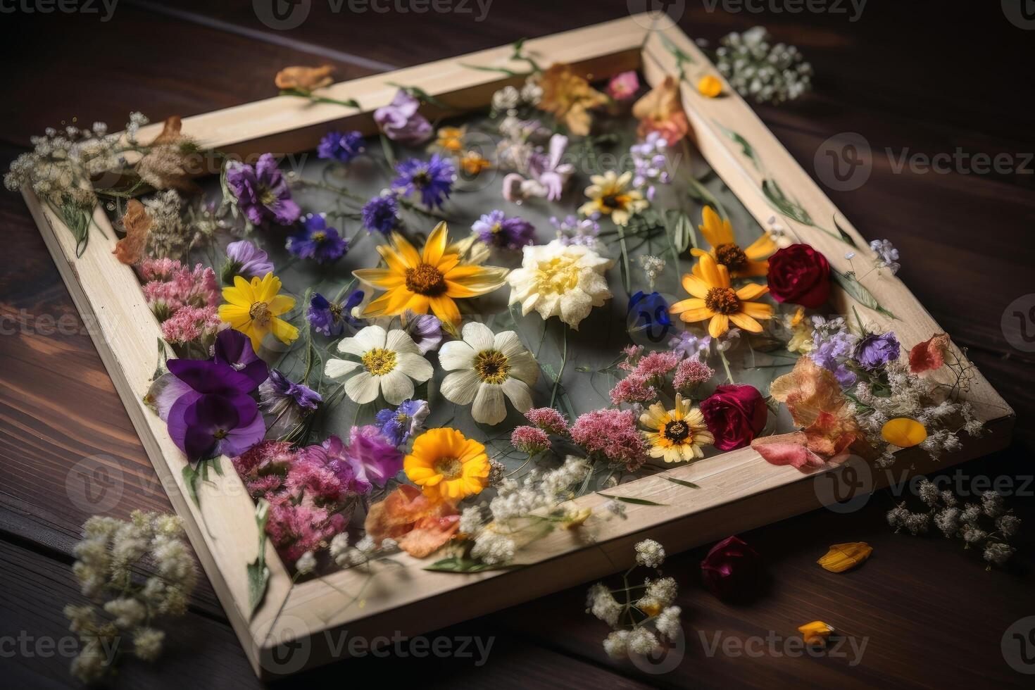A highly decorated wooden frame with small flowers created with technology. photo