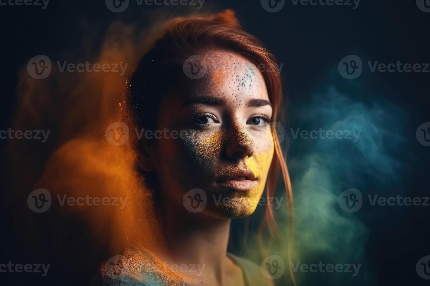 Exploding colour powder in rainbow colours forming a portrait of a beautiful young woman created with technology. photo