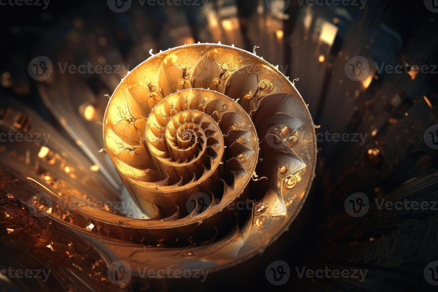 Golden spiral digital artwork created with technology. photo