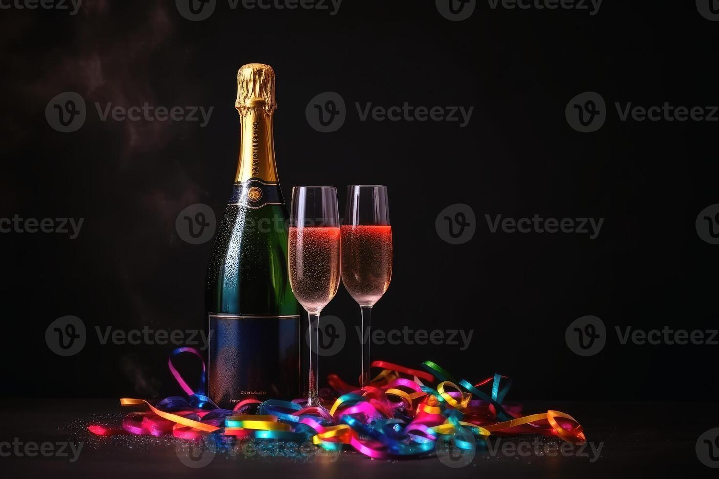 Champagne glasses and colourful streamers and glitter confetti on a happy new year background created with technology. photo