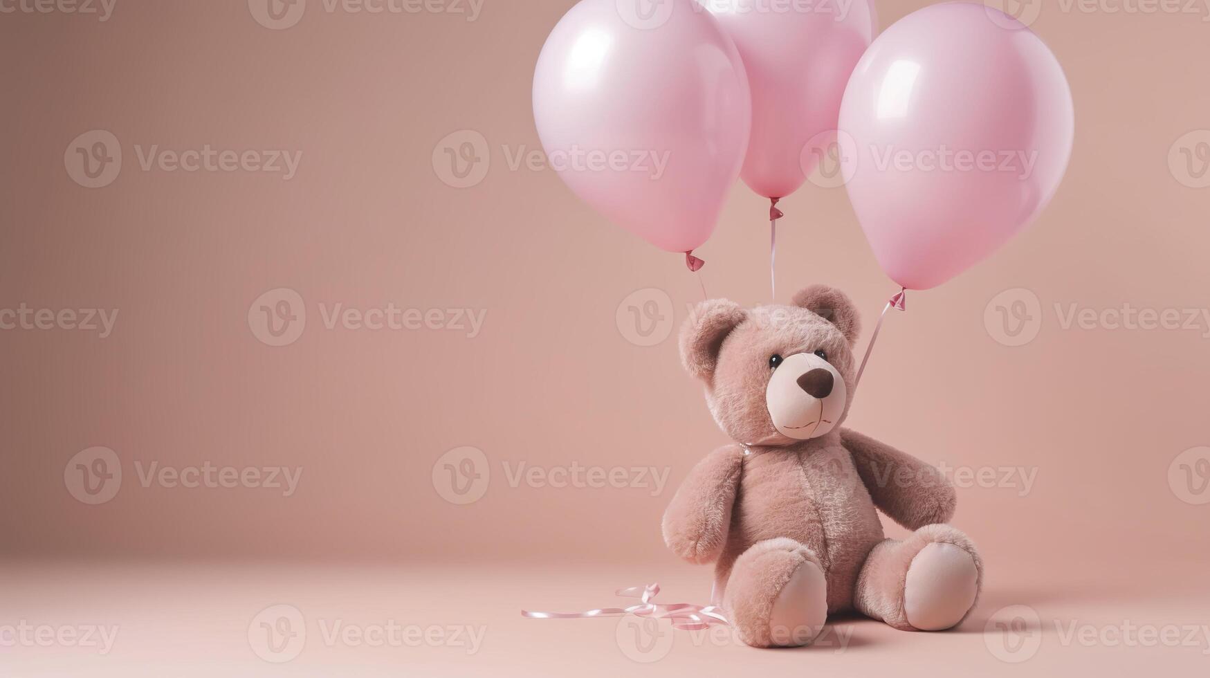 Teddy bear with balloons. Copy space. . photo