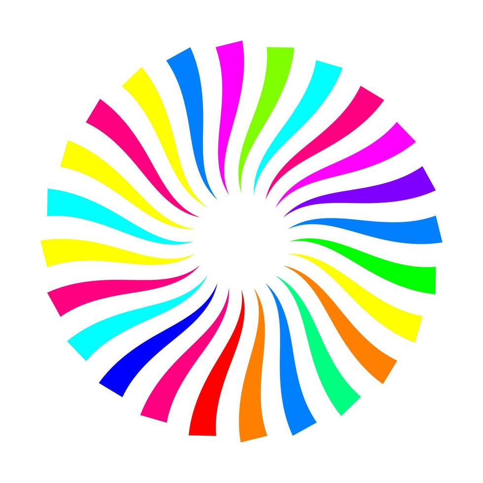 Red, pink, green, blue, yellow, cyan, and white triangular line swirl circle logo. Spiral vortex stripe vector illustration.