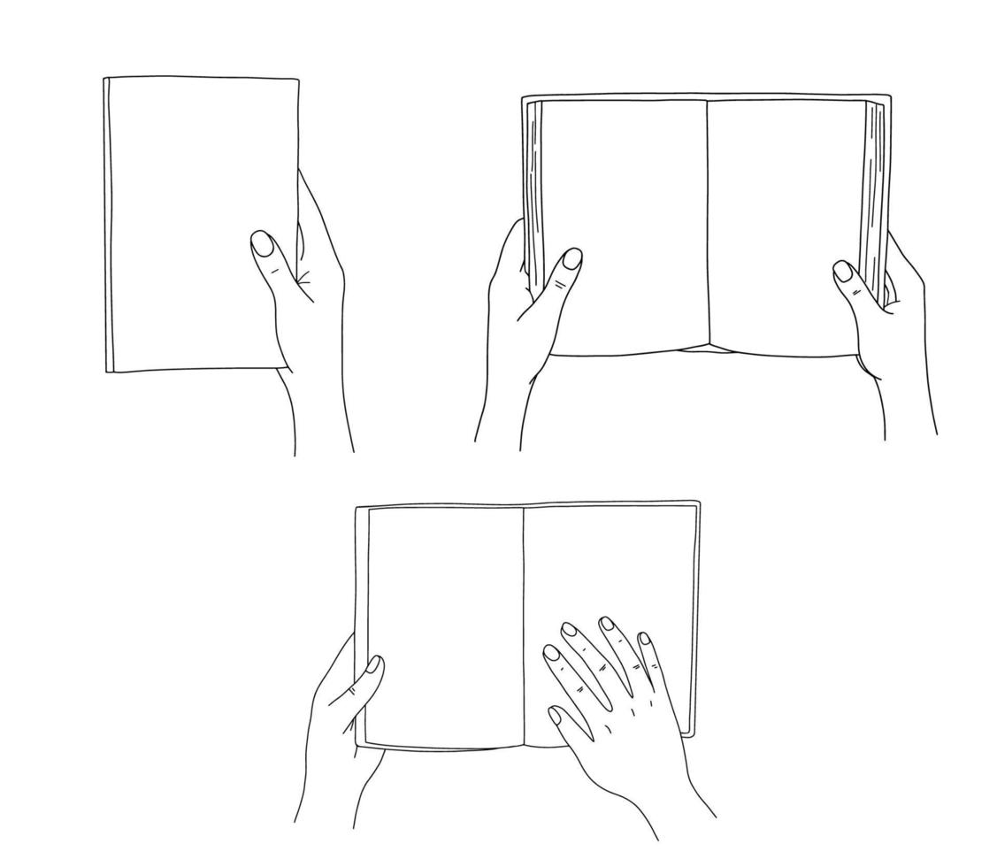 Open book in female hands. Outline vector illustrations isolated on white background