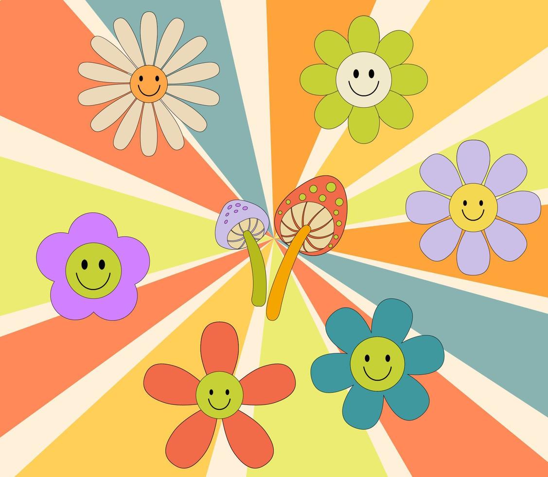 maravilloso retro flores póster. vector sonrisa flores margarita. extraño gráfico 60s