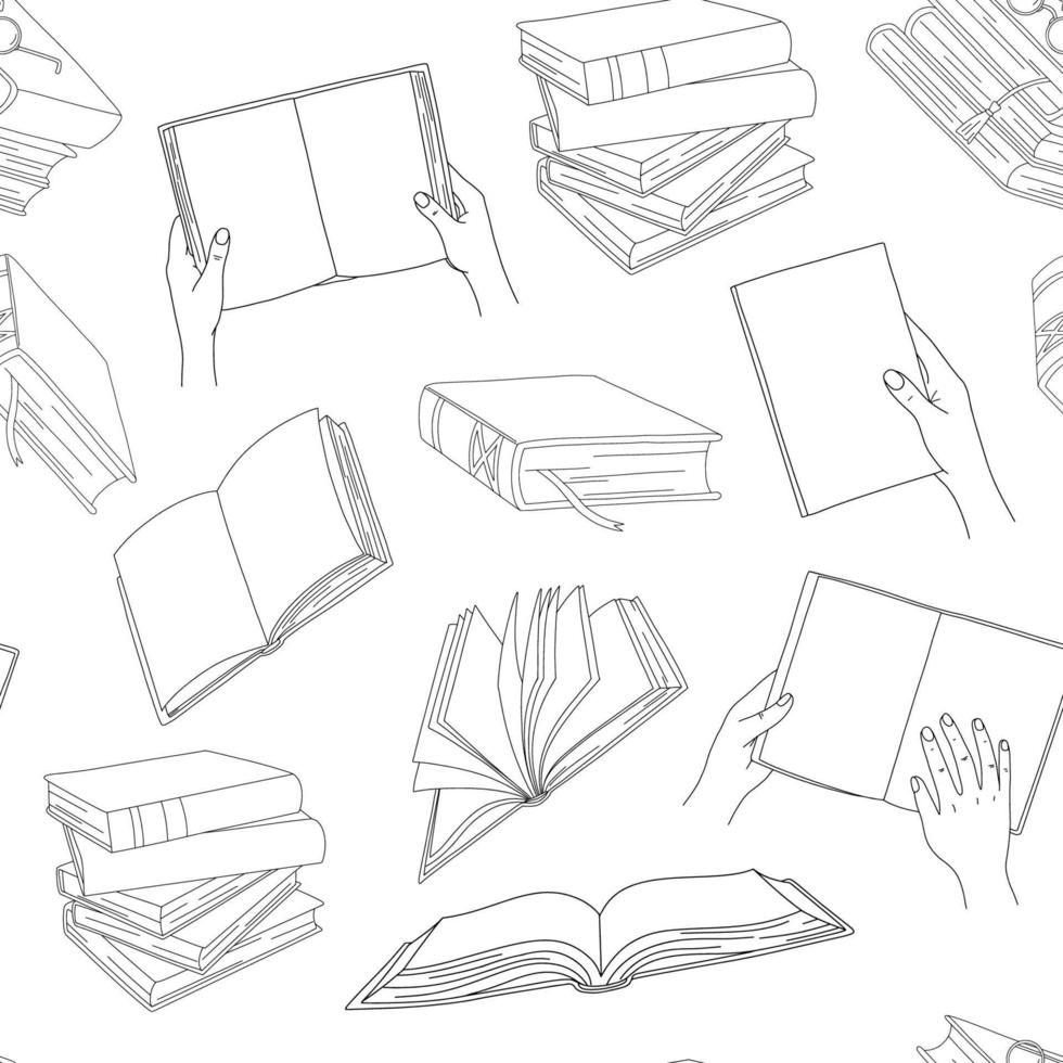 Vector line seamless pattern. Books with bookmark, open book on white