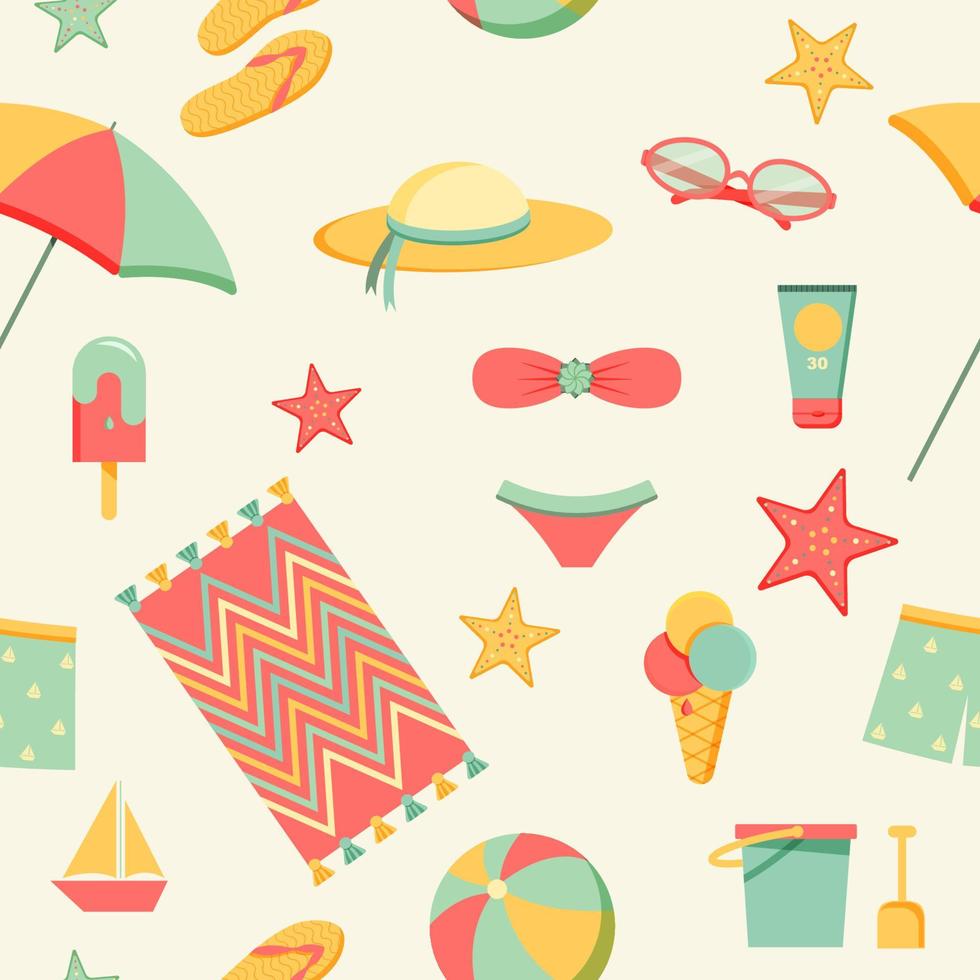 Beach items seamless pattern. Summer collection. Vector illustration.