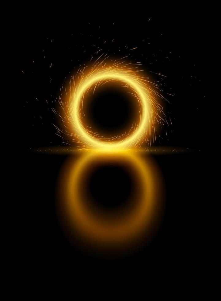 Vector template of bright fiery magical portal with reflection, glowing lights in form of shining sparkling circle on black background. Round frame with luminous trail effect, sparks, fire