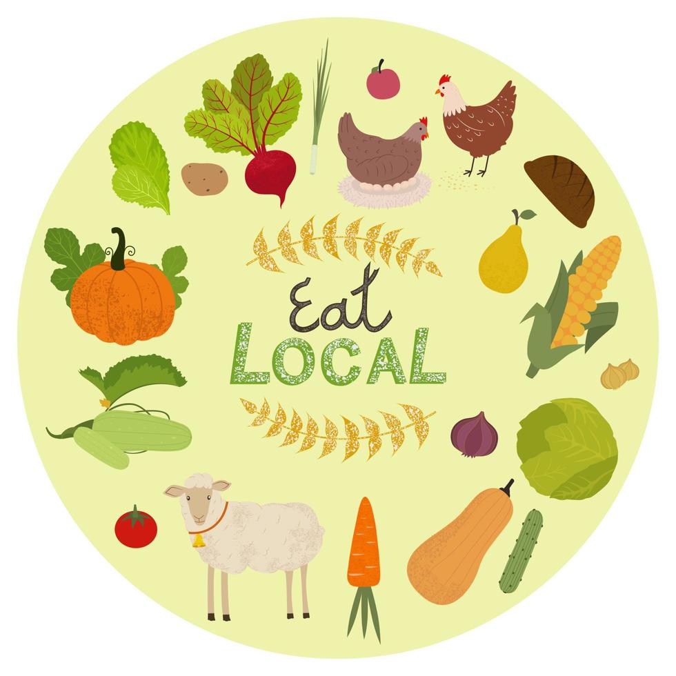 Local organic production icons set. Farm animals, fruits and vegetables isolated vector illustration.
