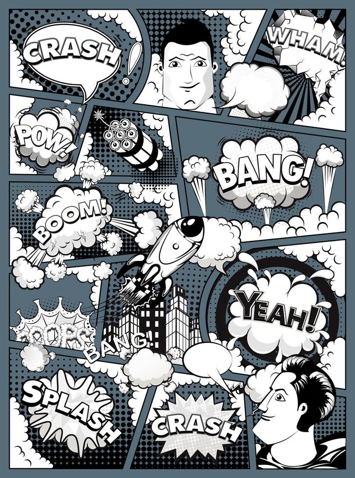 Black and white comic book page divided by lines on dark background with speech bubbles, rocket, superhero and sounds effect. Vector illustration