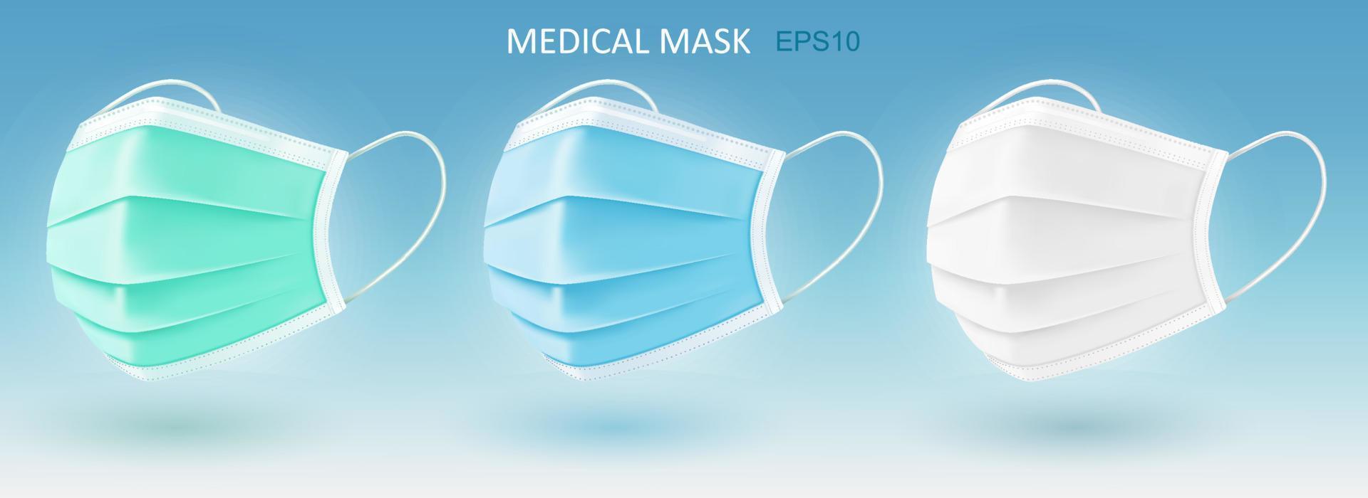 Realistic medical face masks 3d isolated vector illustration. Disposable breathing medical respiratory face mask. Disease and pollution protection.