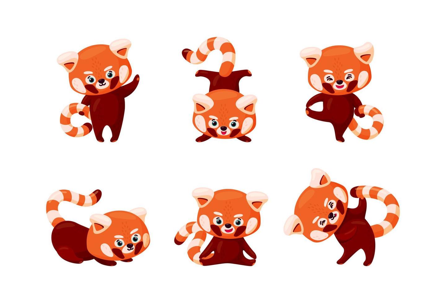 Red panda set. Cute baby red pandas stretching and practicing yoga. Baby animals doing stratching exercises isolated in white background. Vector illustration