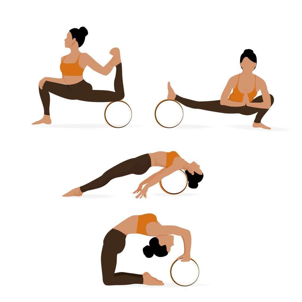 conjunto de yoga poses con yoga rueda. joven mujer haciendo ejercicio vector ilustración aislado en el blanco antecedentes.