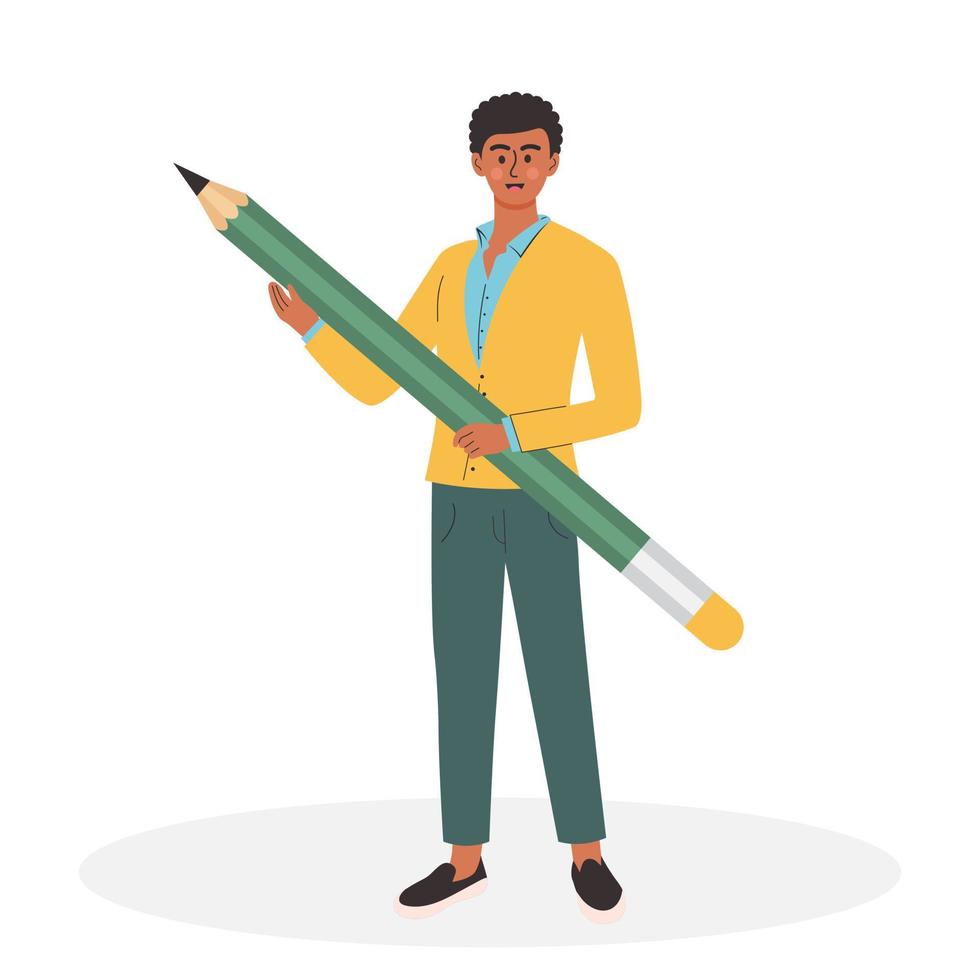 Young afro american man holding big pencil. Student boy with large pencil. Writing, creating, education, copywriting and blogging concept. vector