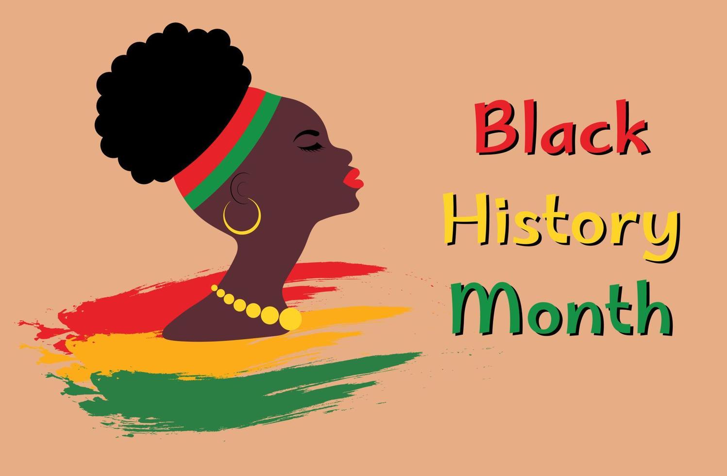 Black History Month poster. Silhouette of African woman in profile with earrings and beads. Pan-African colors flag. vector