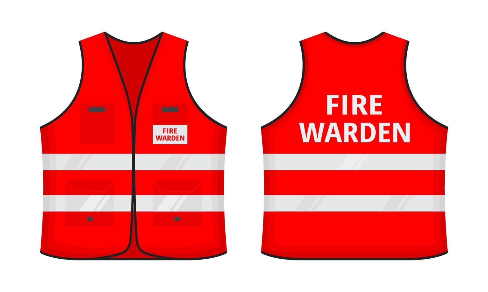 Safety reflective vest with label FIRE WARDEN tag flat style design vector illustration set.